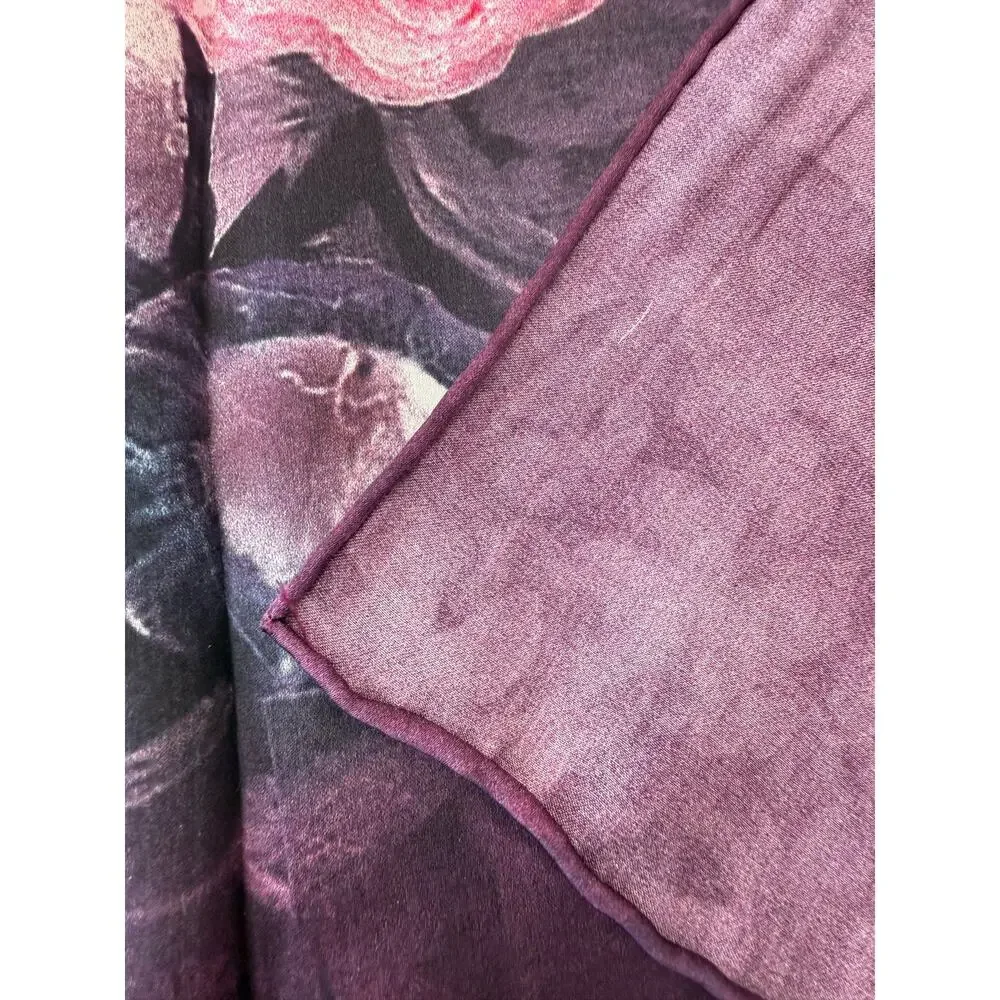 100% Silk Purple Floral Scarf Hand Rolled Roses 20 x 68 Lightweight Luxury Wrap